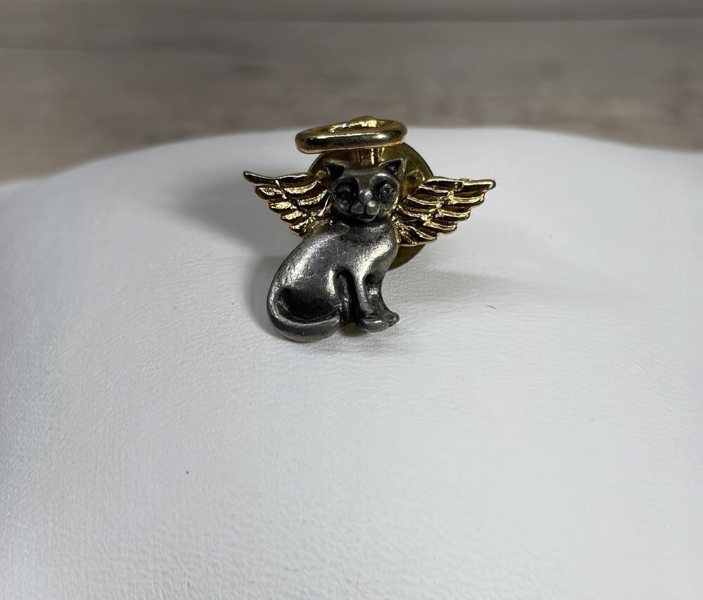 Camco Pewter & Gold Tone Wings Guardian Angel Cat Kitten Tie Tack Lapel Pin .75"